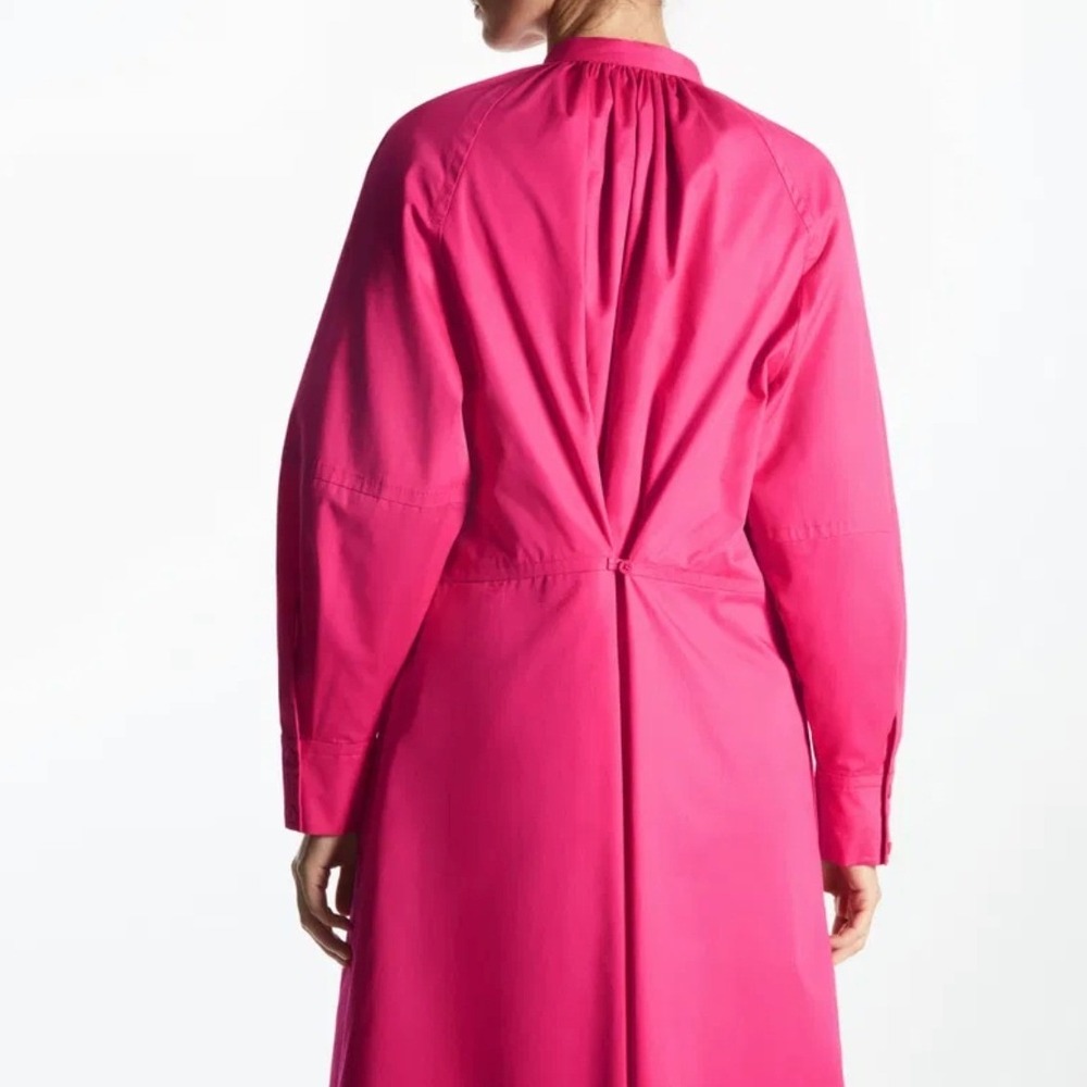 COS Relaxed-Fit Gathered Midi Shirt Dress Band Collar Poplin Pink Size 2 - Picture 3 of 14